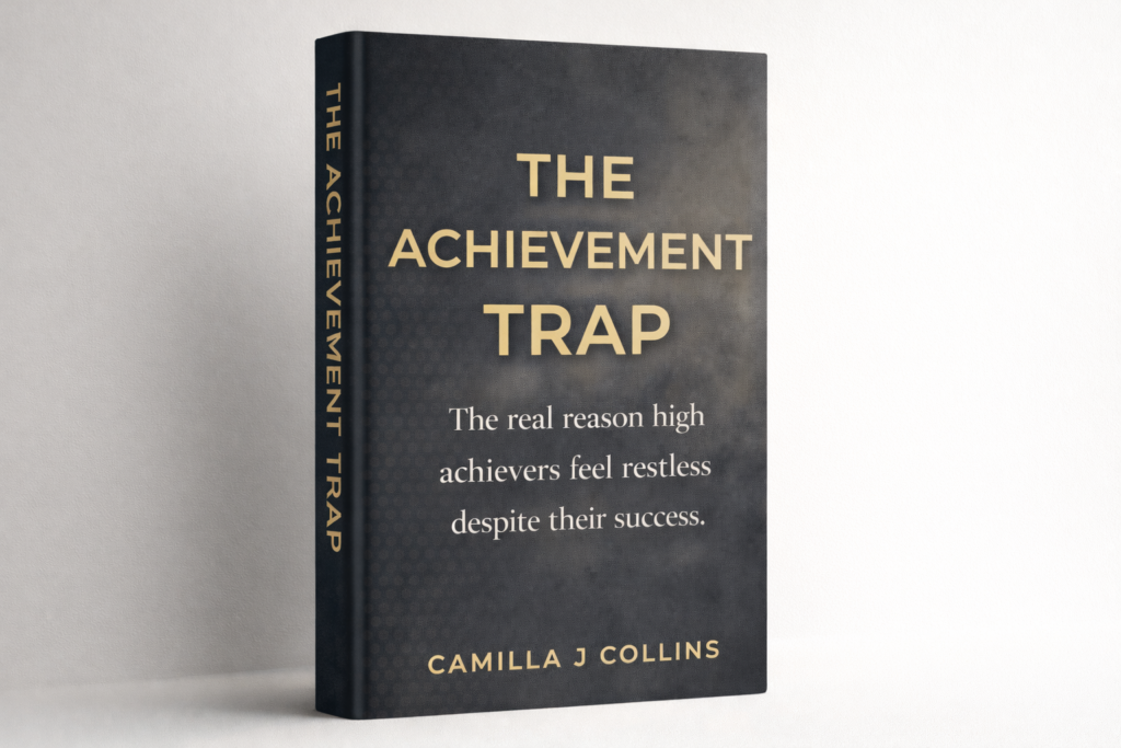 Mock book cover for The Achievement Trap by Camilla J Collins about high achievers, ambition and burnout.
